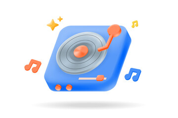3D cartoon Vinyl Record player and music not icon. music apps, DJ services, audio branding, or entertainment. vector illustration