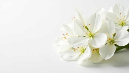 Obraz premium Delicate white flower blossoms on pure white backdrop, backdrop, light