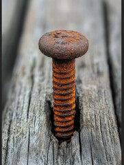 Rusty screw embedded in weathered wooden surface.