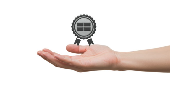 Isolated Hand Presenting Badge with Windows Icon for Quality