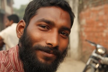 Dynamic Indian youth with dark beard chilling  
