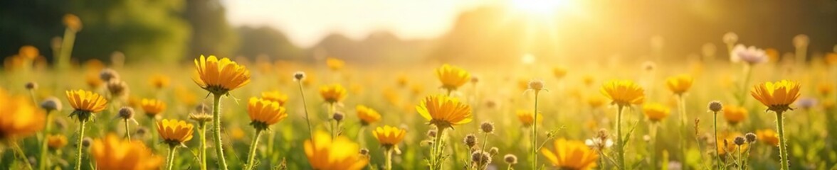 Fototapeta premium A sunlit field of wildflowers gently swaying in the breeze, promising a bright and hopeful future Perfect for projects conveying optimism, growth, and new beginnings , bright, clouds, spring