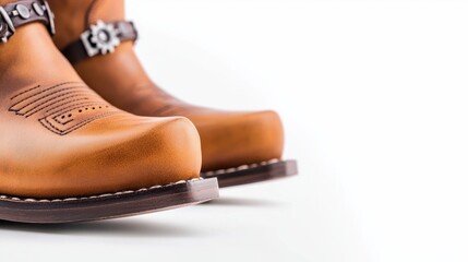 Close-up of stylish brown cowboy boots showcasing intricate design against a white background