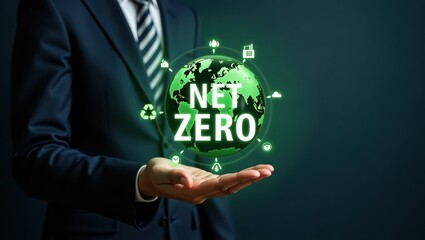 Person holding a digital representation of net zero.