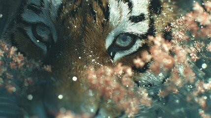 Tiger wading through water in a dense jungle, intense gaze, ultra detailed 