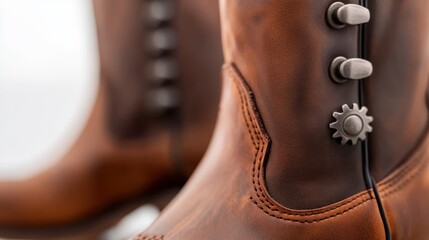Close-up of stylish brown leather boots with decorative buttons, showcasing craftsmanship and texture