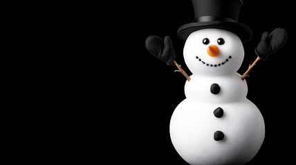 Fototapeta premium Cheerful snowman with black hat and gloves, smiling with carrot nose and buttons