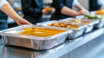 Fototapeta premium Trays with Food Items at a Cafeteria Station for Customer Serving in a Modern Dining Environment