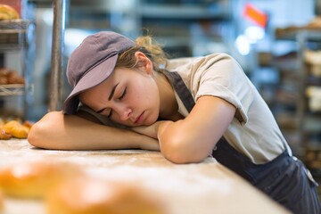 Tired female bakery worker after long working day. High quality