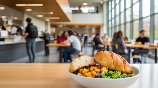 Bustling University Cafeteria with Delicious Food and Modern Design, Inviting Student Social Atmosphere