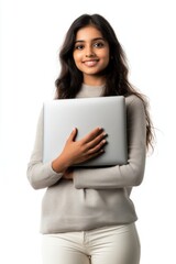 Fototapeta premium Happy young Indian woman holding a laptop professional photo look.