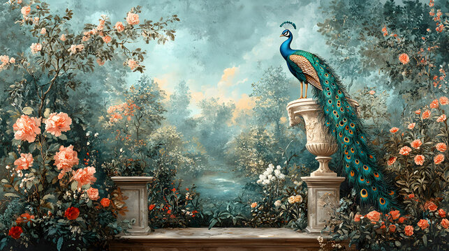 Fototapeta Vintage Roman mural wallpaper with garden, forest, peacock, bird, flower vase, botanical plant landscape illustration