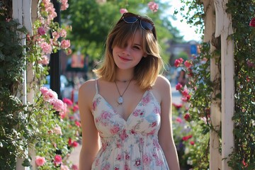Charming woman wearing floral dress for summer  

