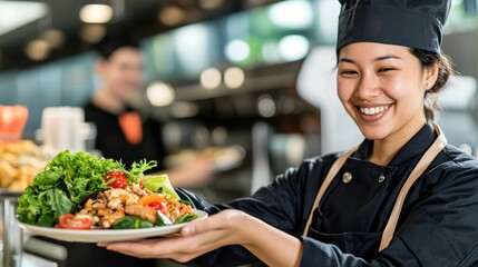 Smiling Cafeteria Worker in Uniform Serving a Fresh Salad to Customers in a Modern Dining Environment