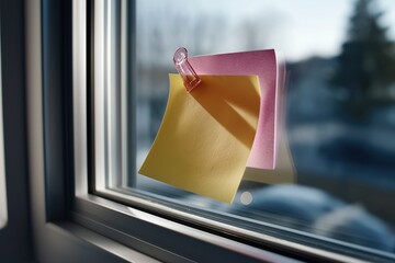 A window with three sticky notes on it. The notes are yellow, pink and purple. The window is letting in sunlight