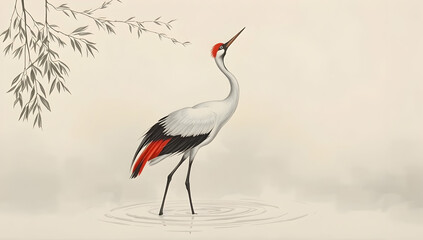 Elegant crane stands in misty water under willow branches, classic Japanese sumi-e style. 