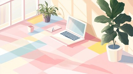 Fototapeta premium Isometric view of office scene with modern desk, laptop and green plants, pastel colors co-working space illustration, minimalist workspace for remote work, freelance or startup concept