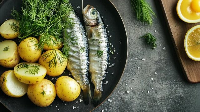 Fresh fish with herbs arranged for cooking, representing traditional Scandinavian holiday meals like Christmas or midsummer feasts.
