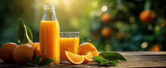 Naklejka premium The refreshing orange juice served in a bottle and glass on a wooden table.
