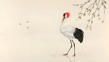 Elegant crane stands in misty water under willow branches, classic Japanese sumi-e style. 