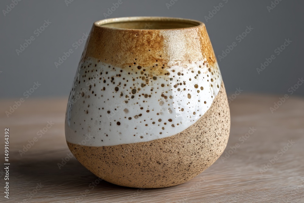 Poster handcrafted ceramic vase with unique glaze patterns placed on wooden surface