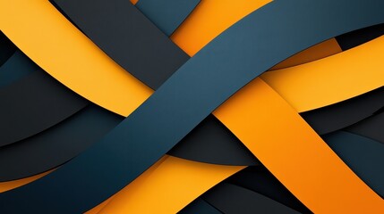 Abstract composition of intertwined ribbons in dark blue and vibrant orange tones