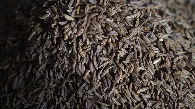 Close-up of cumin seeds in a bag. Fragrant cumin is poured into a cup. Caraway seeds. Healthy eating and lifestyle. 