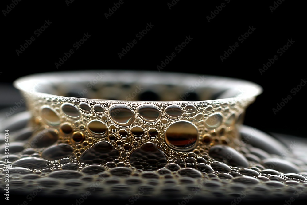 Poster Close-up view of bubbles forming on the surface of a dark liquid in a glass container during a calm evening