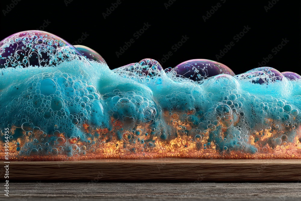 Poster Colorful bubbles forming a vibrant display on a wooden surface, creating a mesmerizing effect in a dark environment