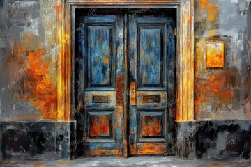 Old weathered blue doors on a textured facade