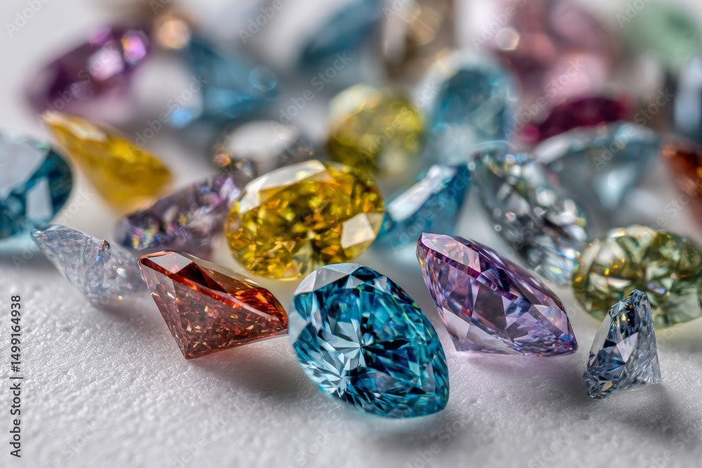 Poster Vibrant collection of assorted gemstones sparkling under soft light captured in a studio setting