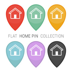 Collection of six flat home pin icons in different colors. Vector icons for indicating a home or residential location