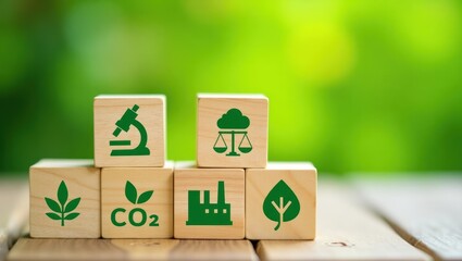 Wooden blocks with environmental icons arranged in a stack.