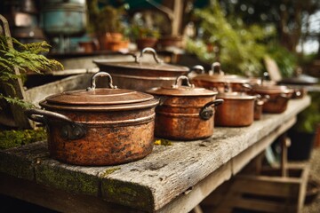 Fototapeta premium Copper cookware displayed on a rustic wooden table in an outdoor garden setting during a sunny afternoon