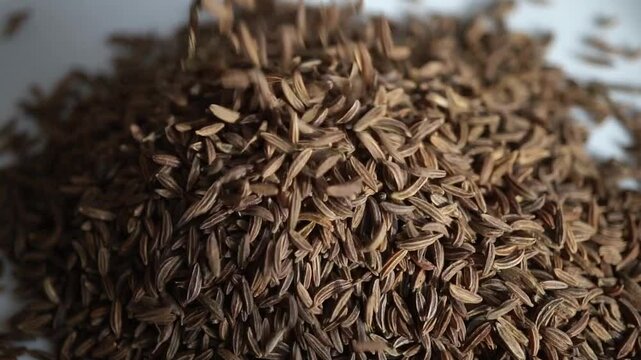 Close-up of cumin seeds in a bag. Fragrant cumin is poured into a cup. Caraway seeds. Healthy eating and lifestyle. 