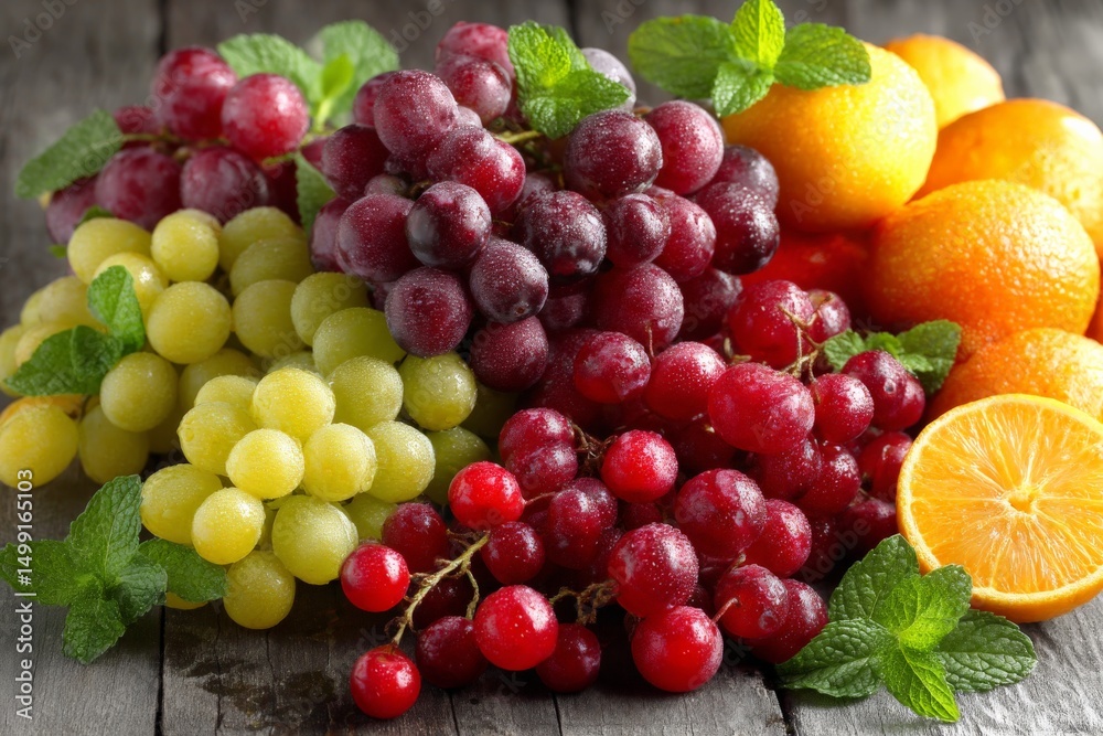 Poster fresh assortment of grapes and oranges arranged with mint leaves on a wooden table in a well-lit set