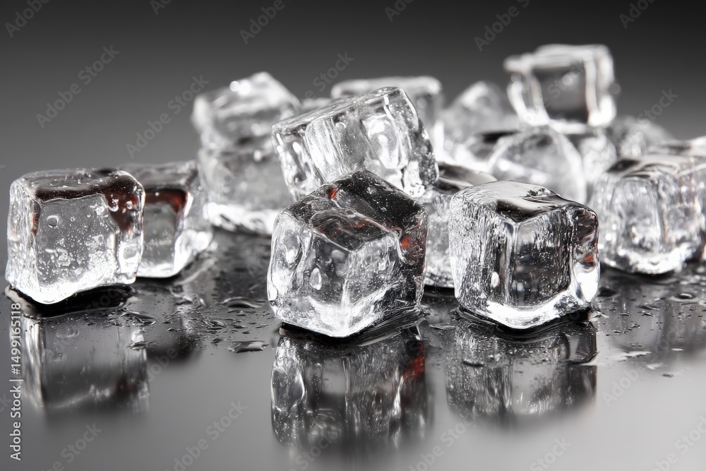 Poster clear ice cubes scattered on a reflective surface with water droplets glistening in soft light