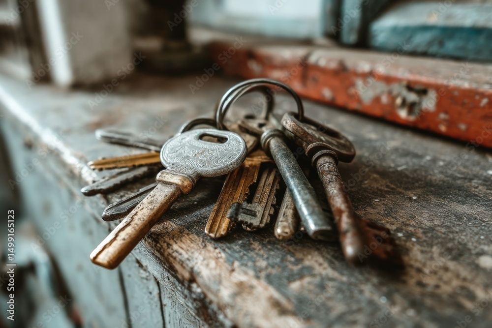 Poster Collection of vintage keys on a rustic wooden surface with hints of age and character captured in natural light