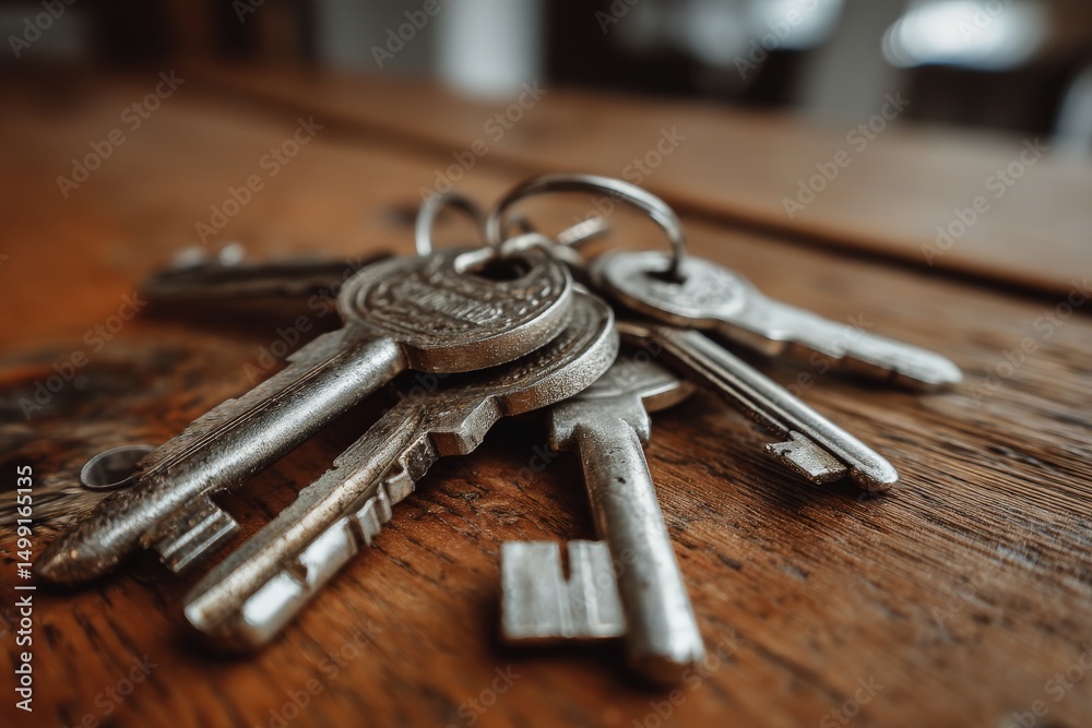 Poster collection of metal keys resting on a wooden surface showcasing their unique designs and worn textur