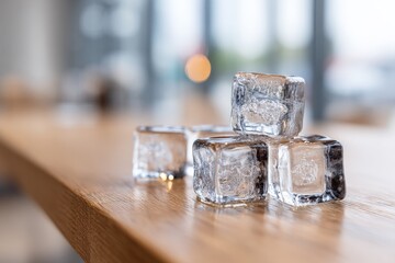 Ice cubes arranged on smooth wooden table in bright cafe during the day