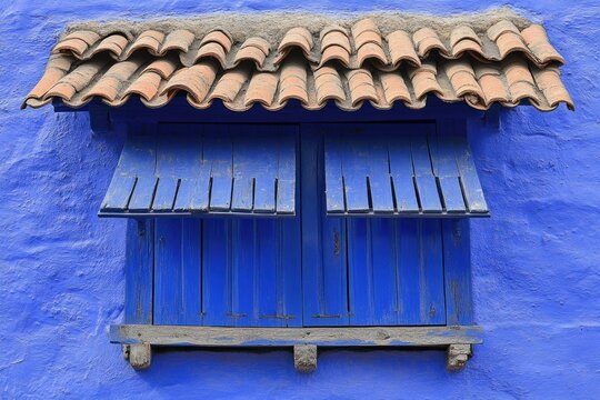 Exterior view of a traditional blue window with terracotta roof tiles.  Aged wooden shutters