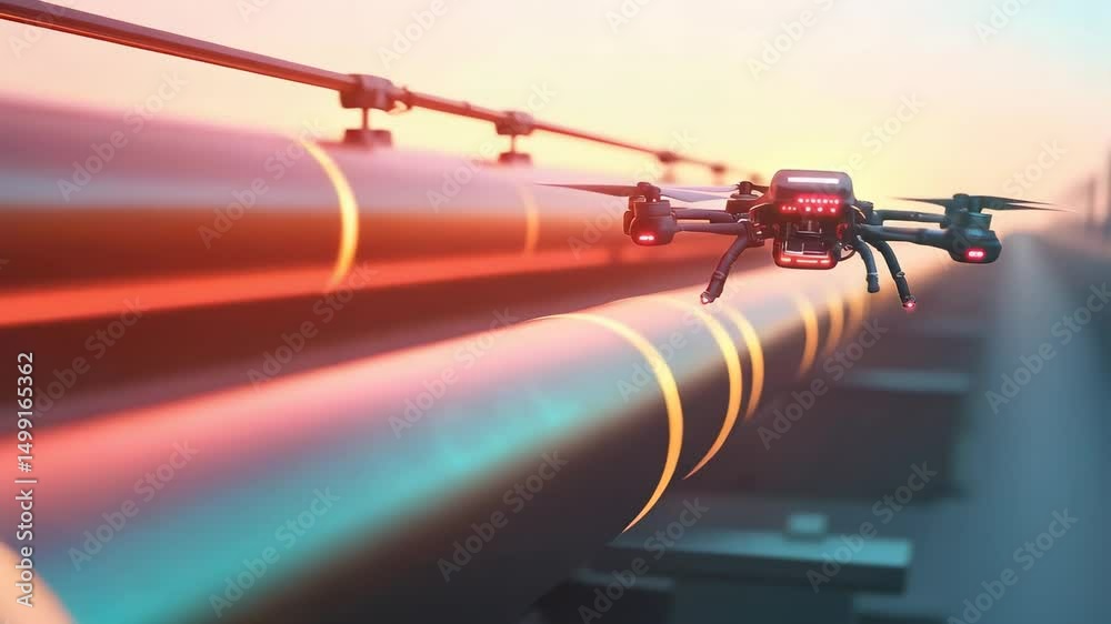Poster drone hovering over a large oil pipeline at sunset, conducting inspection and surveillance in an ind