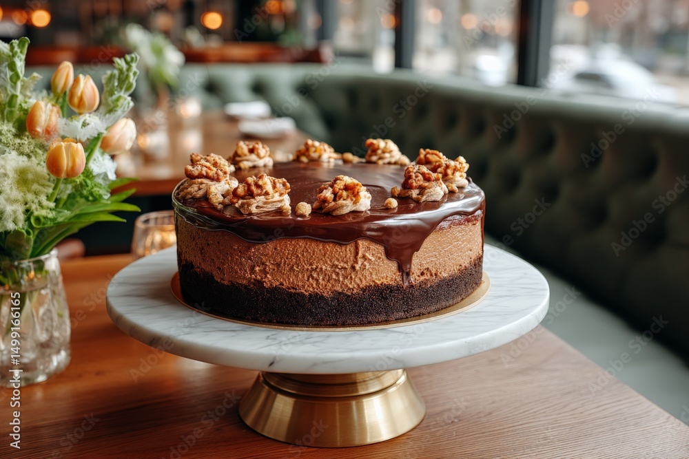 Poster delicious dessert featuring chocolate cake with nuts on display in a cozy cafe setting
