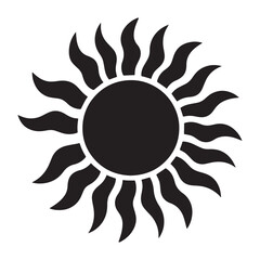 A vector illustration of a black silhouette of a large rising sun with long, evenly spaced rays extending outward