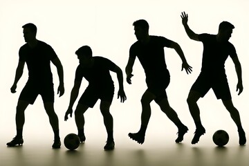A silhouette of different poses of a soccer player isolated on a white background