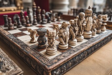 Intricate chess set featuring hand-carved pieces displayed in a historic setting with elaborate designs