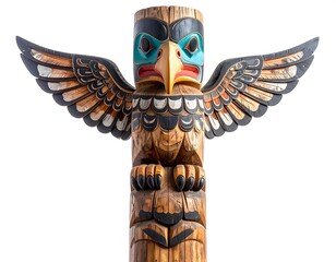 Detailed carving of a totem pole with an eagle design featuring outstretched wings and intricate patterns against a white background