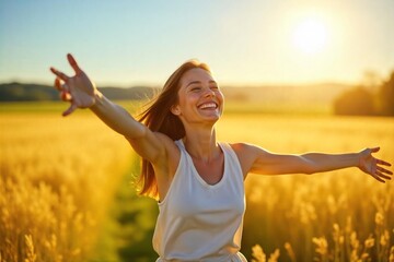 A single figure beams with unadulterated joy, radiating pure happiness and contentment in a sun-drenched field  The image evokes feelings of freedom, peace, and simple bliss ,  calm,  life