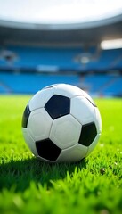 Fototapeta premium Generative AI A Classic Football Resting on Lush Green Grass at Stadium