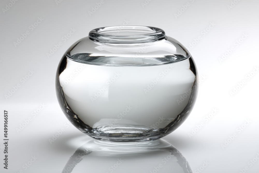 Poster clear glass fishbowl filled with water placed on a smooth surface in a bright setting during dayligh